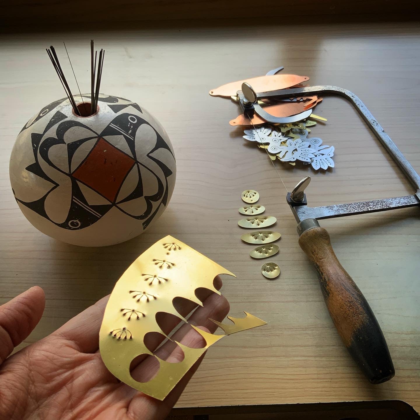 Floral Folklore River Rock drop earrings, hammered brass floral oval earrings