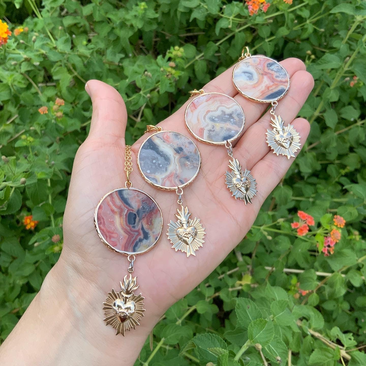 Flaming Sacred Heart charm and Agate disk necklace