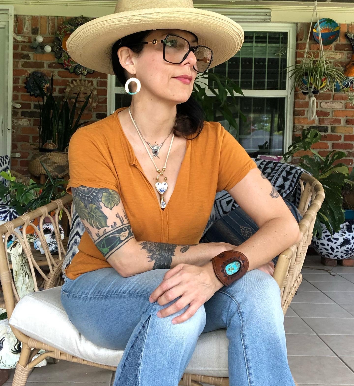 Hammered Raw Brass Arch and genuine turquoise earrings