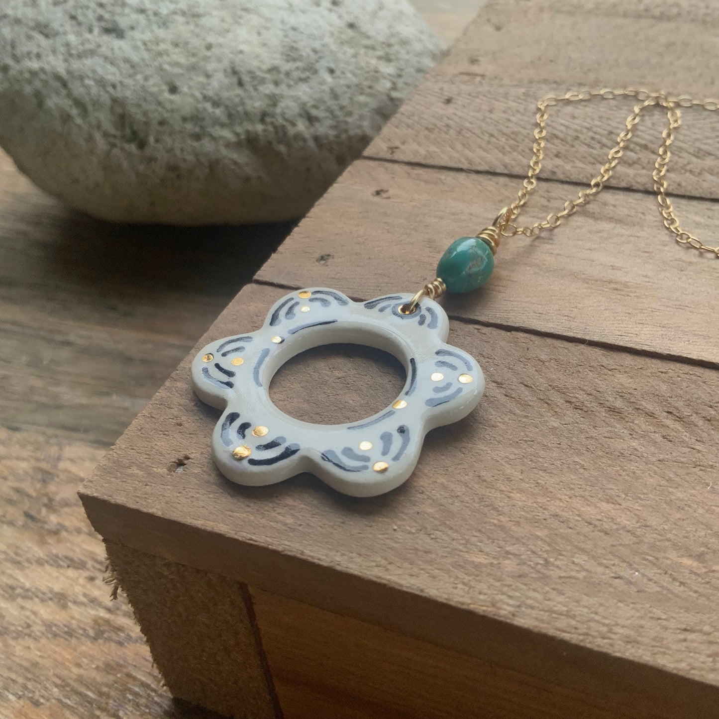 Ceramic Black Folk Flower and genuine turquoise nugget Charm Necklace