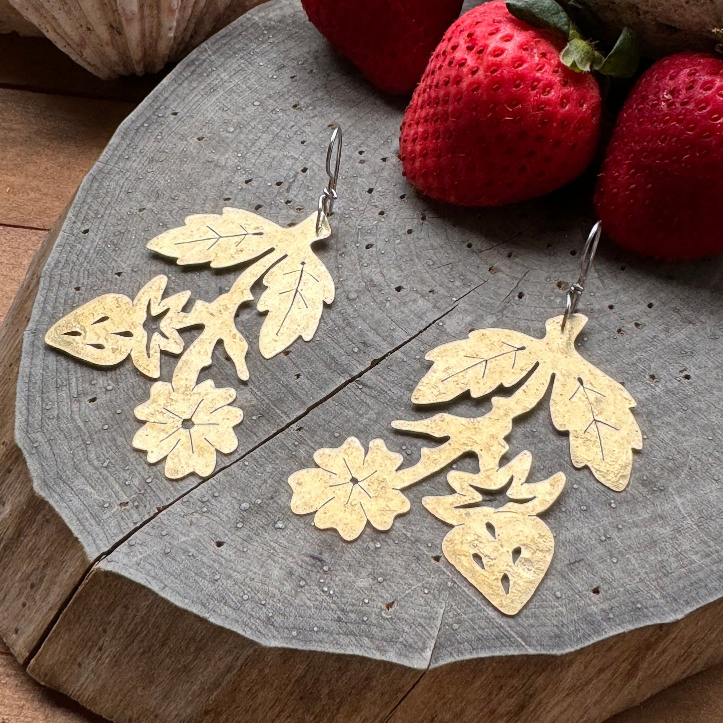 Hammered Brass Strawberry Earrings: Folksy Blossom Dangles