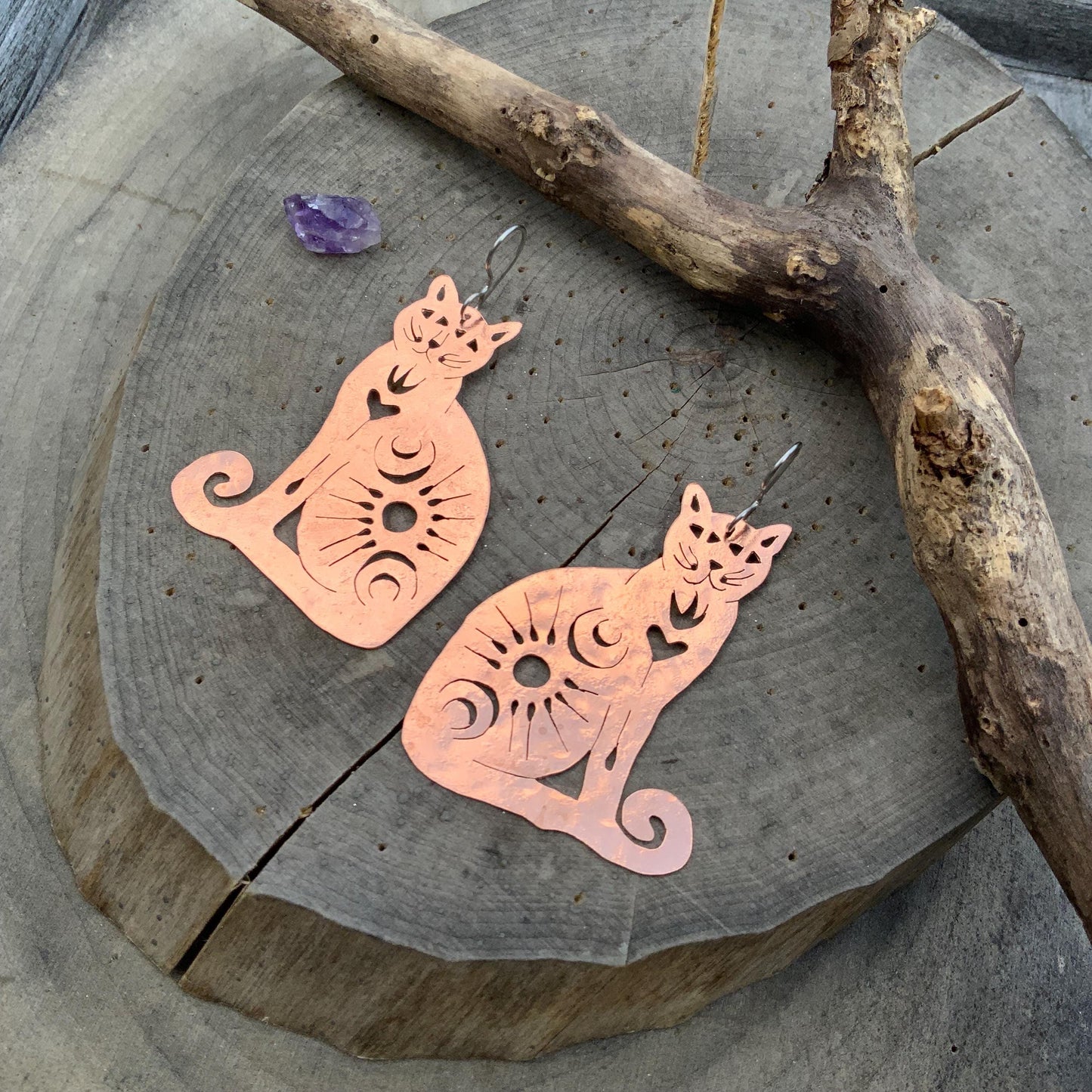 Handmade Brass Celestial Cat Earrings: Sacred Milagro Jewelry