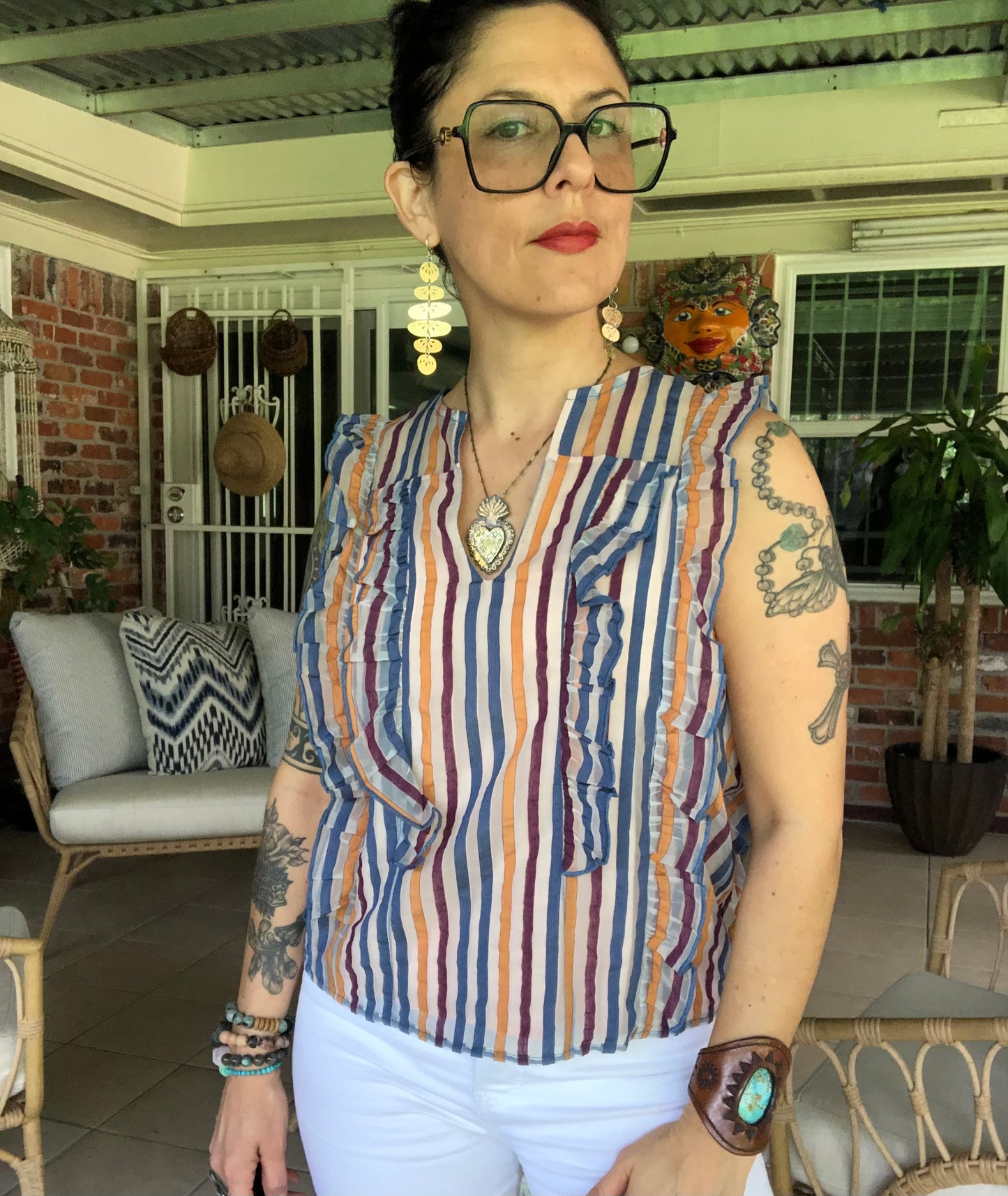 Floral Folklore River Rock drop earrings, hammered brass floral oval earrings