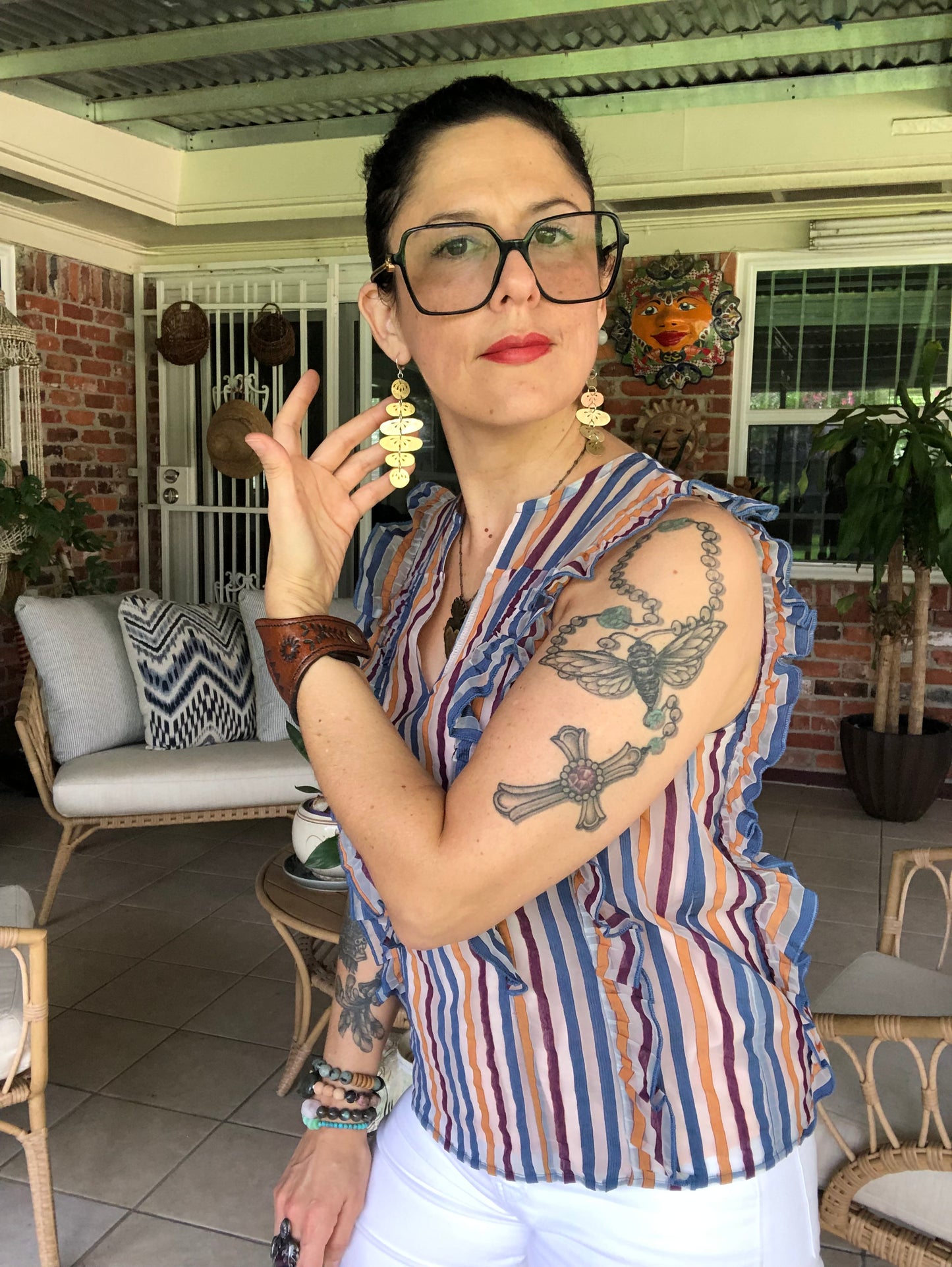 Floral Folklore River Rock drop earrings, hammered brass floral oval earrings