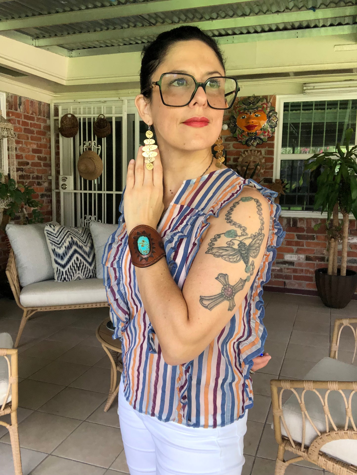 Floral Folklore River Rock drop earrings, hammered brass floral oval earrings