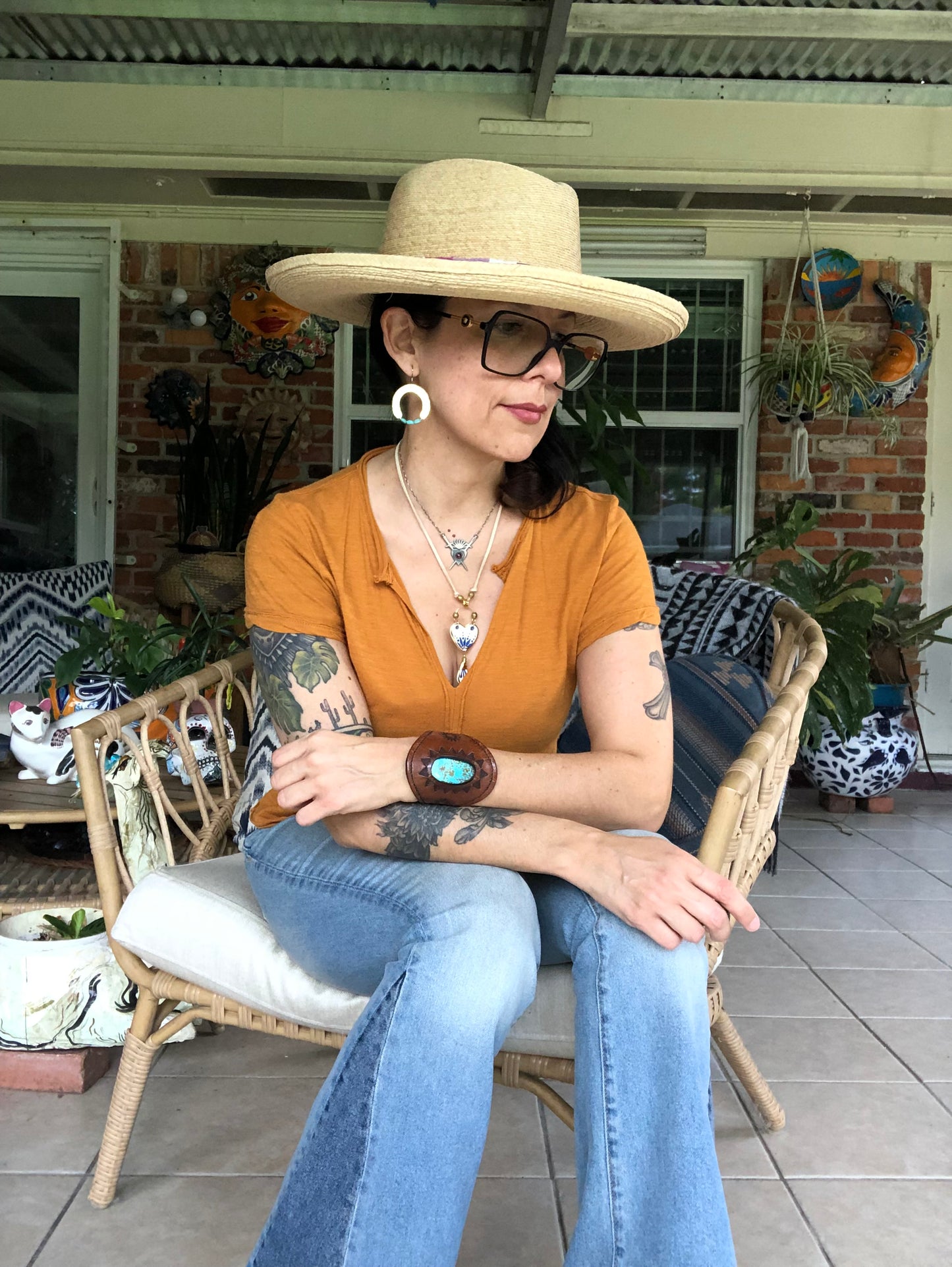 Hammered Raw Brass Arch and genuine turquoise earrings