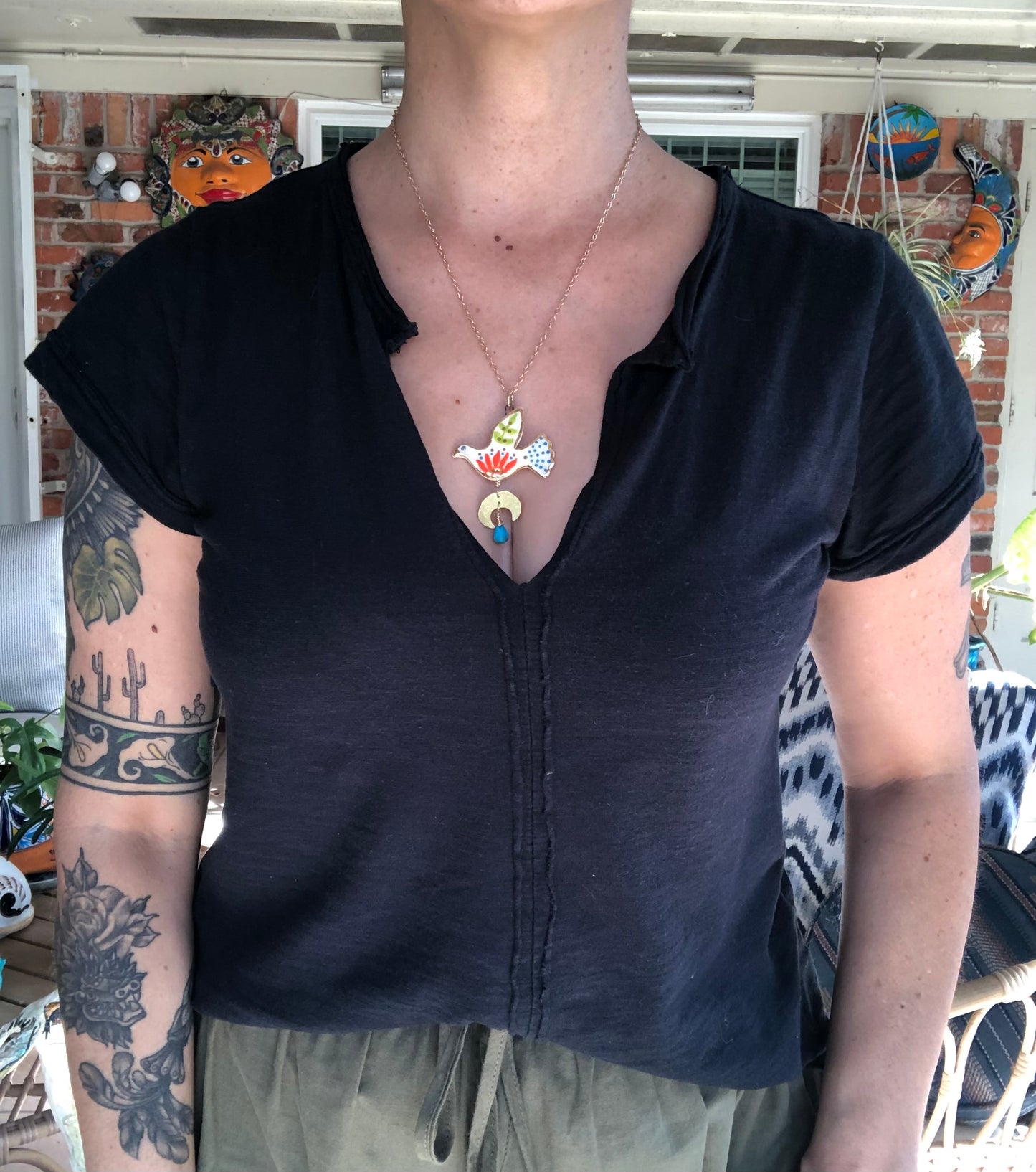Celestial Ceramic bird pendant necklace, Ceramic Bird with orange flower Charm Necklace
