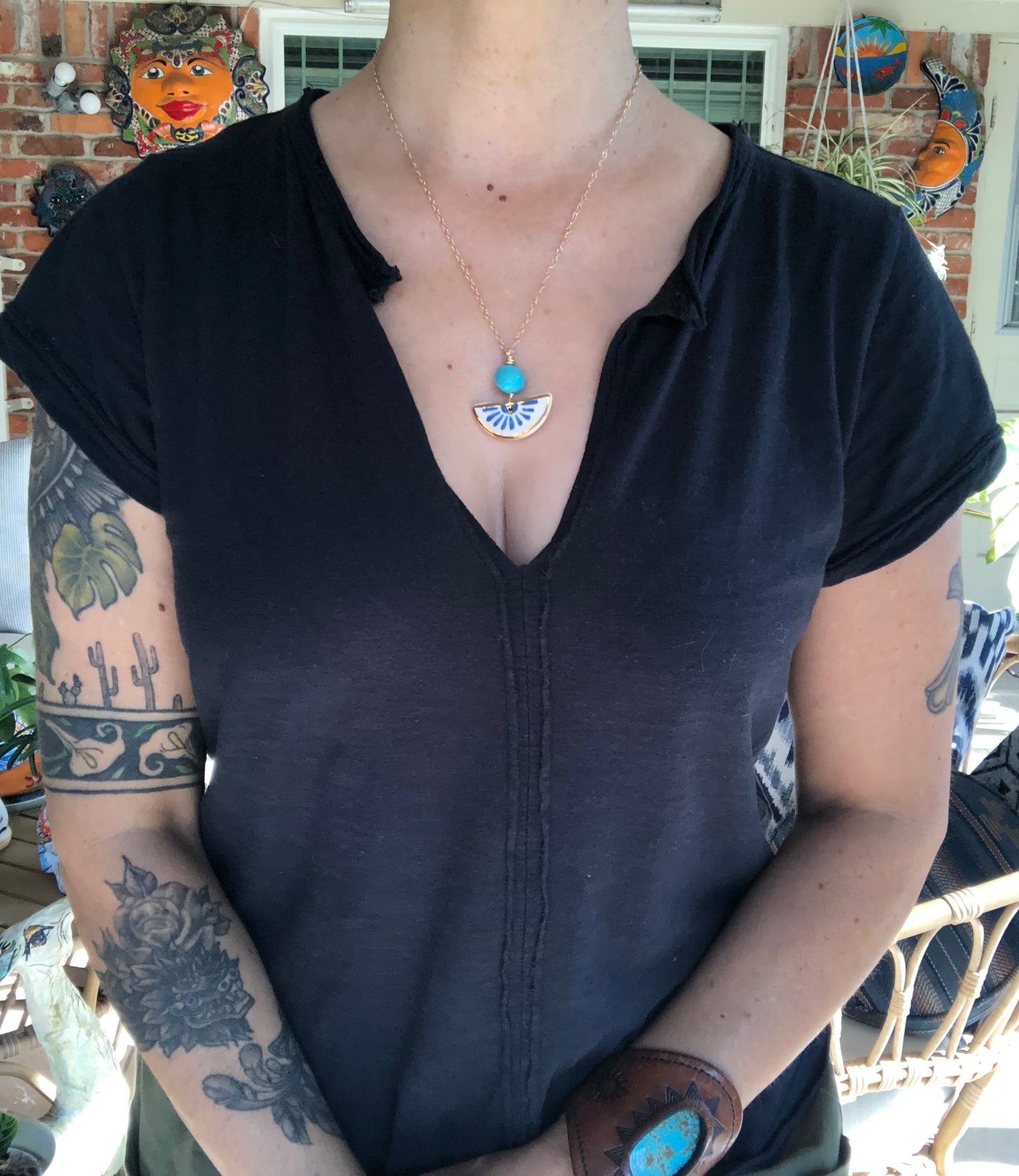 Ceramic Folk Flower and genuine turquoise Charm Necklace