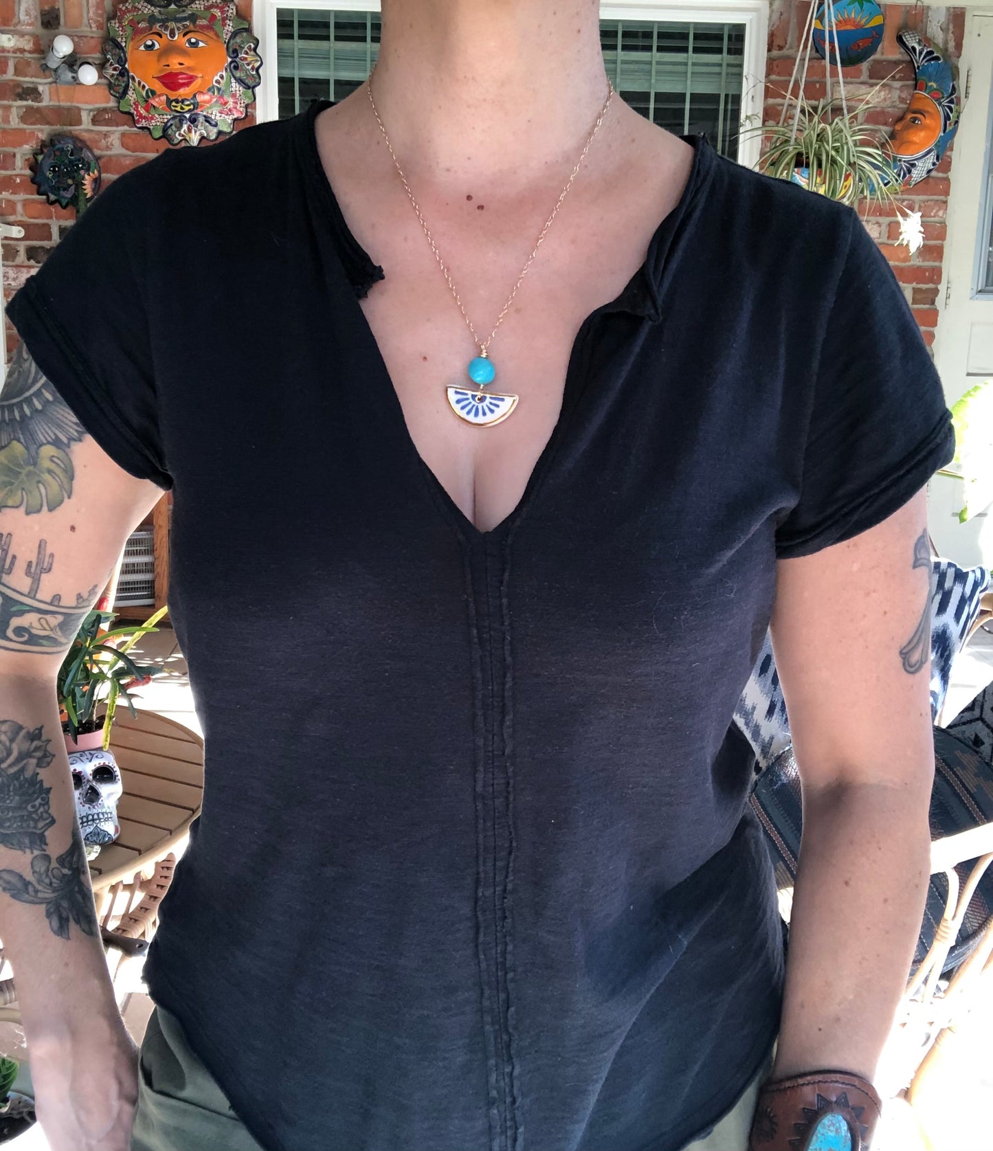 Ceramic Folk Flower and genuine turquoise Charm Necklace