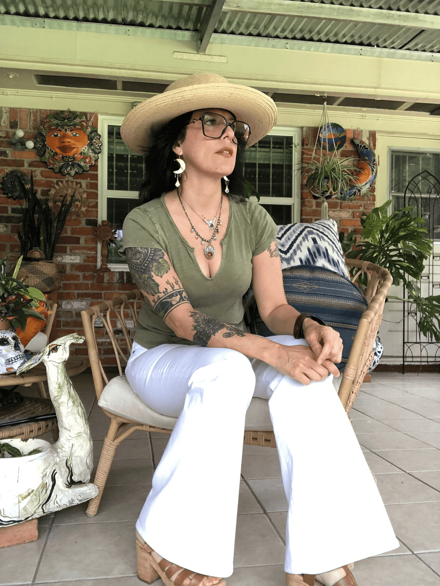 Brass moon and folk ceramic drop earrings