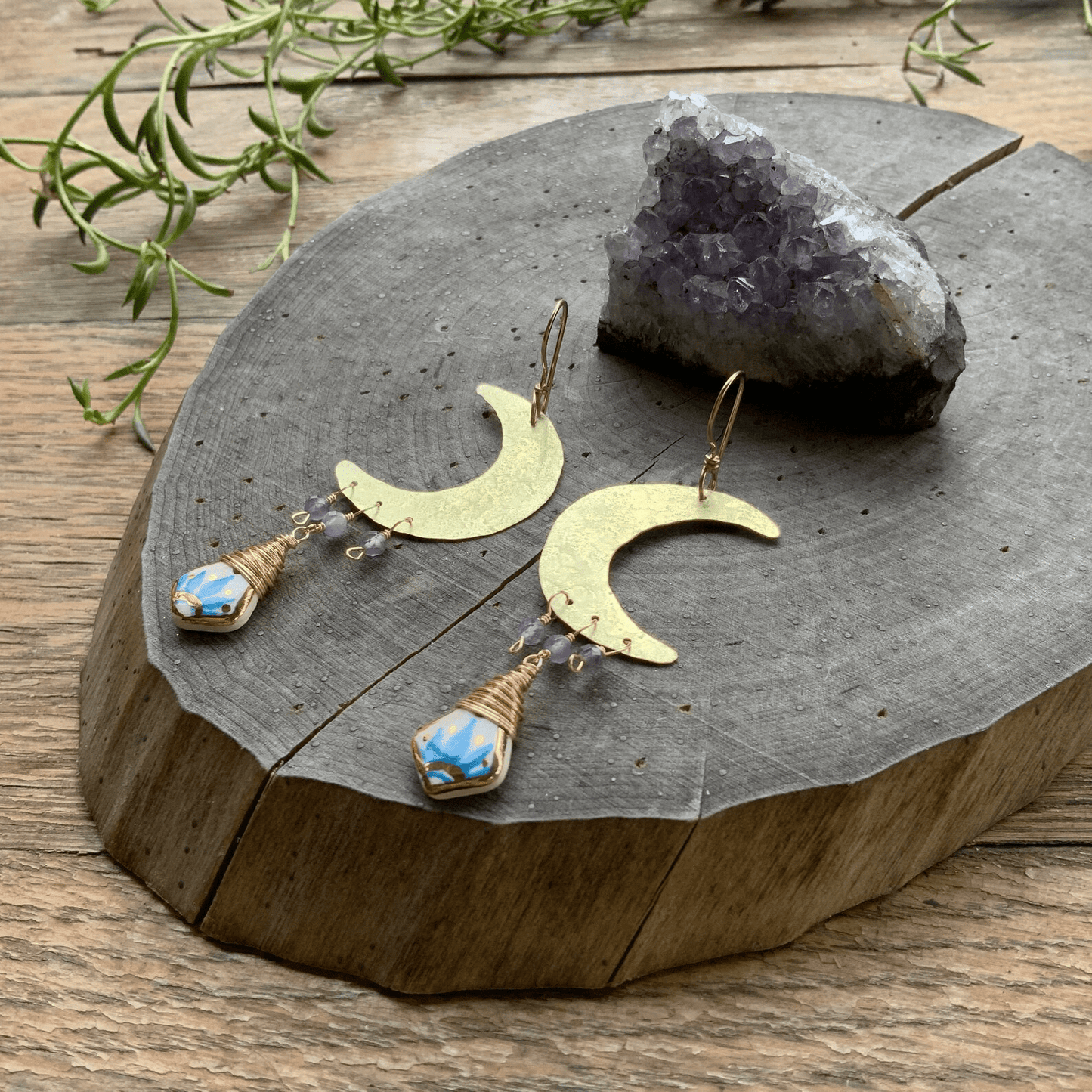 Brass moon and folk ceramic drop earrings