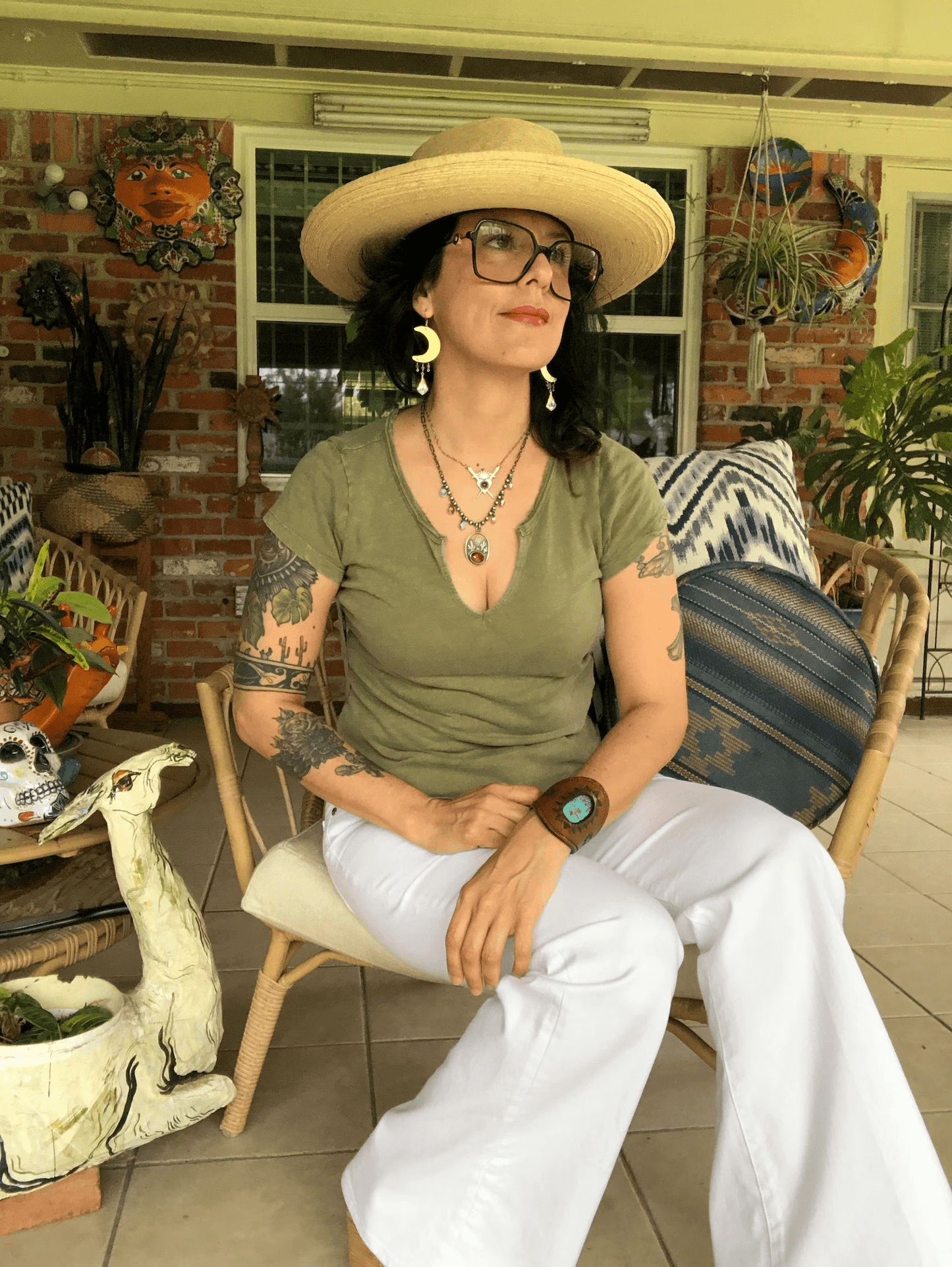 Brass moon and folk ceramic drop earrings