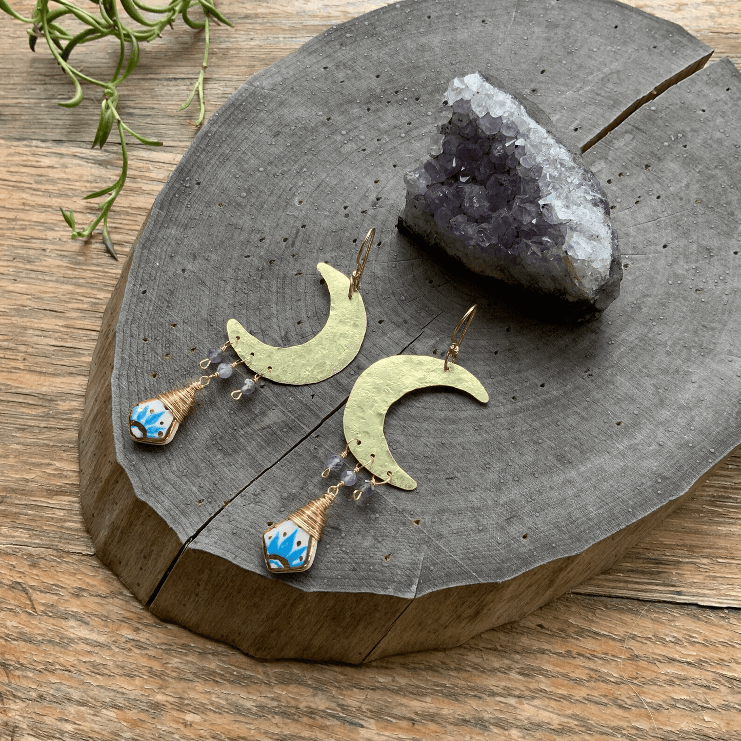 Brass moon and folk ceramic drop earrings