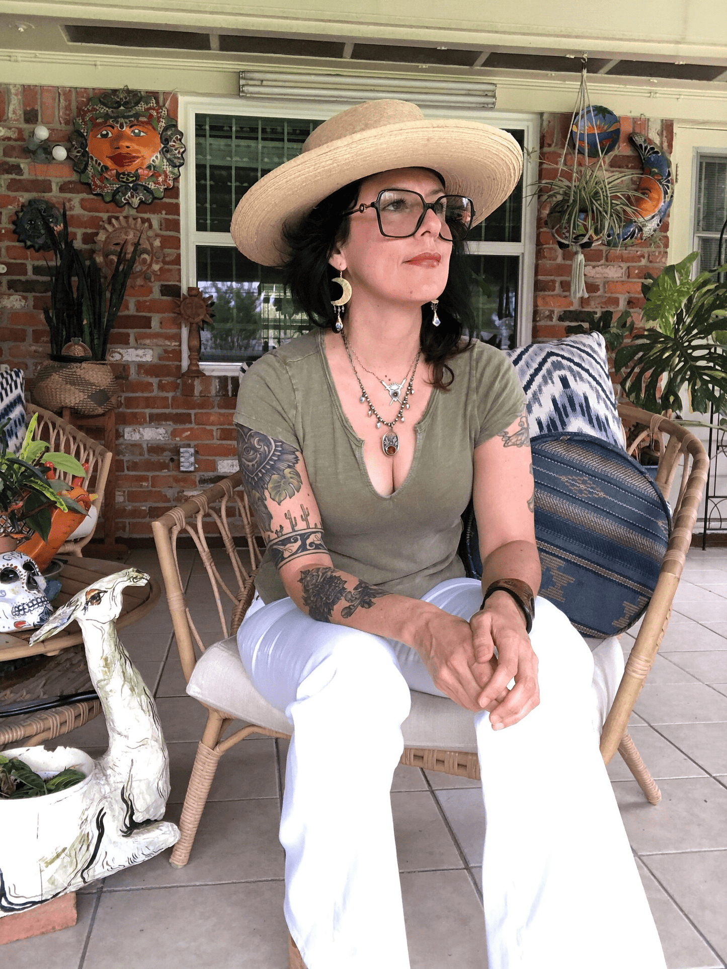 Brass moon and folk ceramic drop earrings