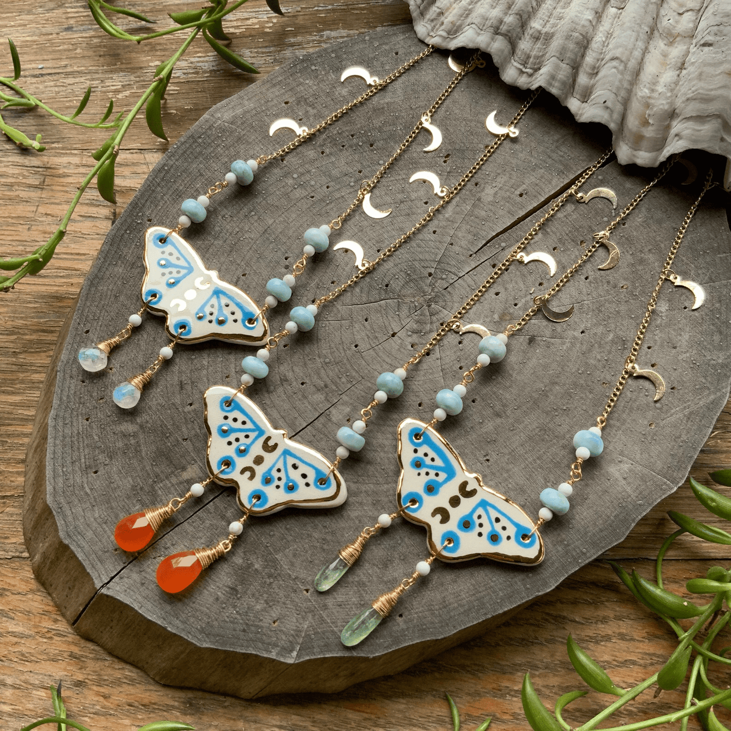 Celestial ceramic moth and larimar necklace