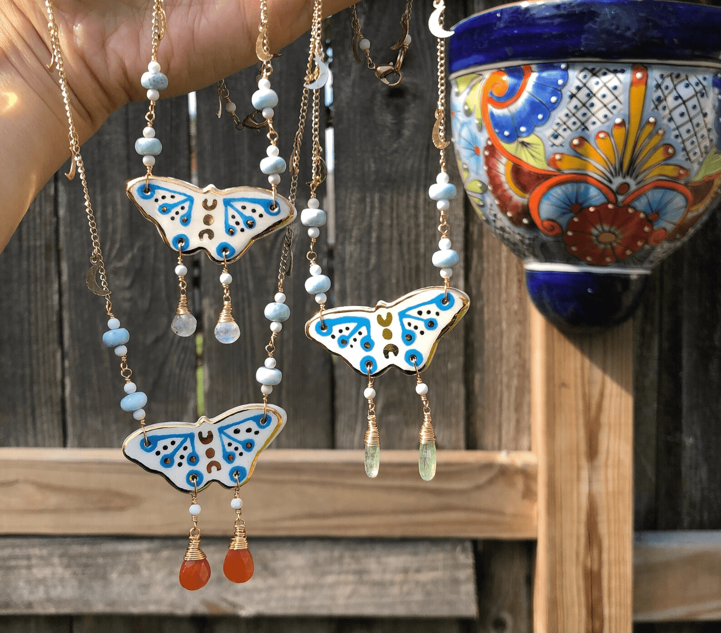 Celestial ceramic moth and larimar necklace