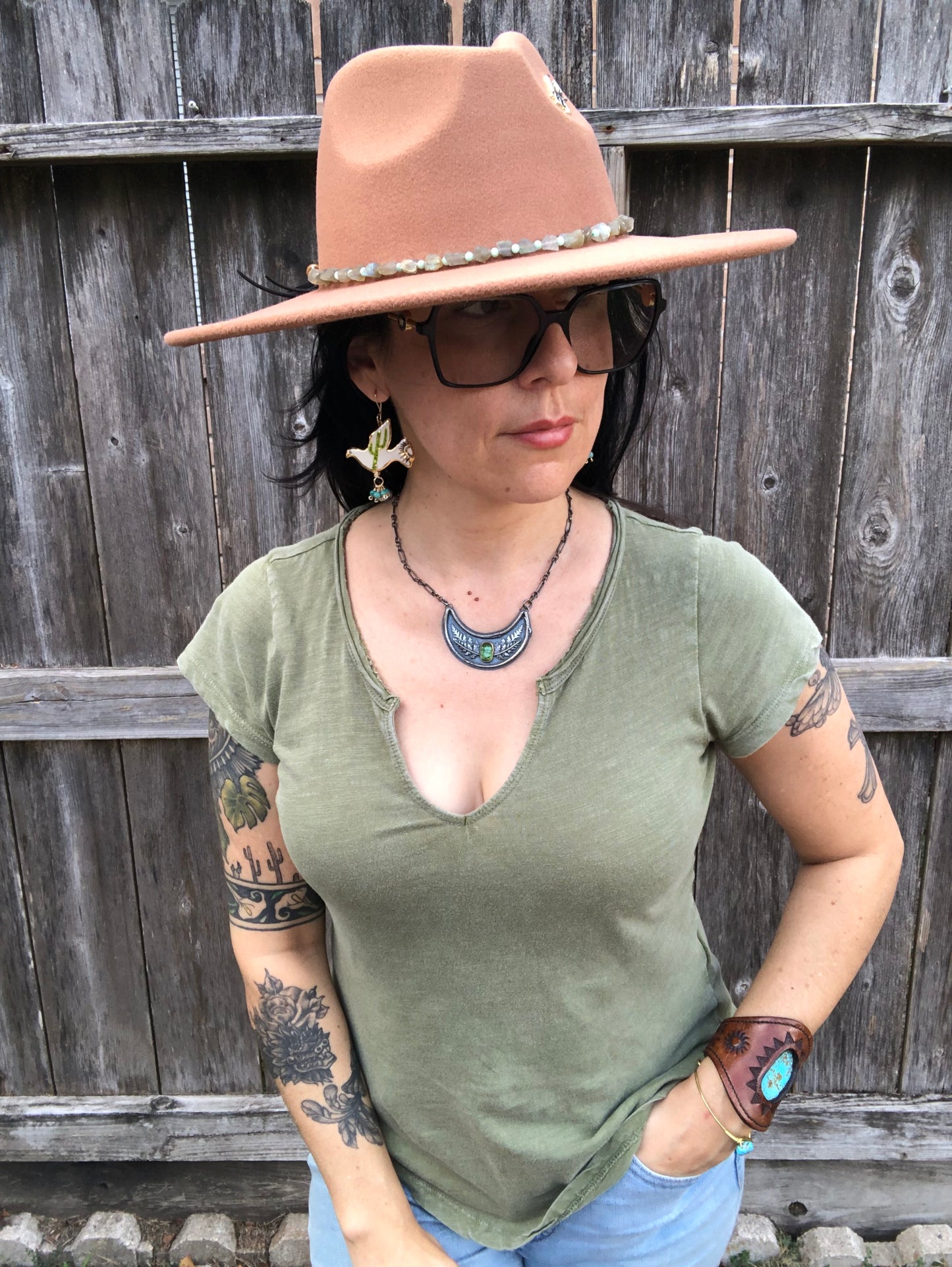 Ceramic Saguaro Cactus Pajarito and genuine turquoise cluster earrings