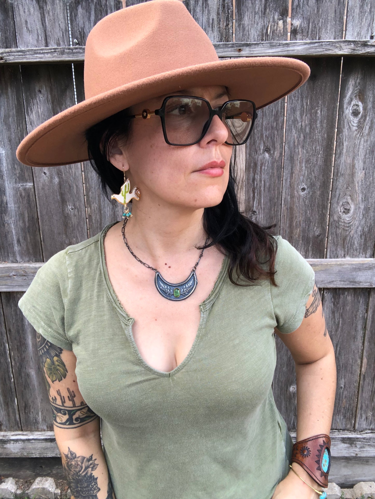 Ceramic Saguaro Cactus Pajarito and genuine turquoise cluster earrings