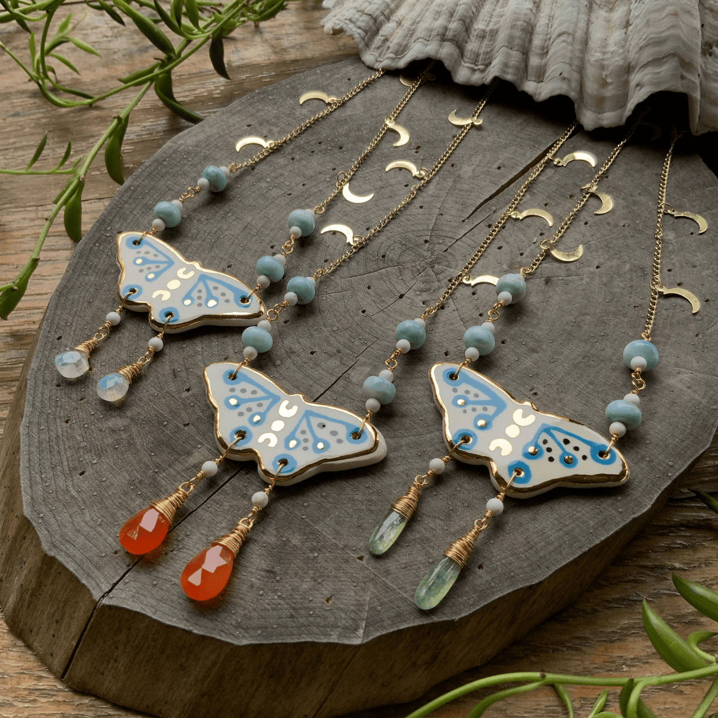 Celestial ceramic moth and larimar necklace