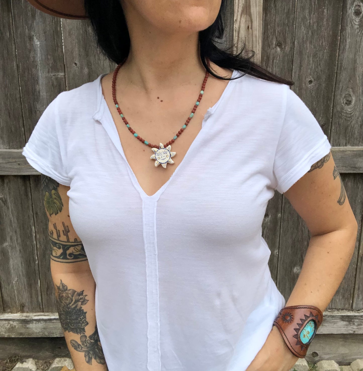 Ceramic sun and matte red jasper necklace