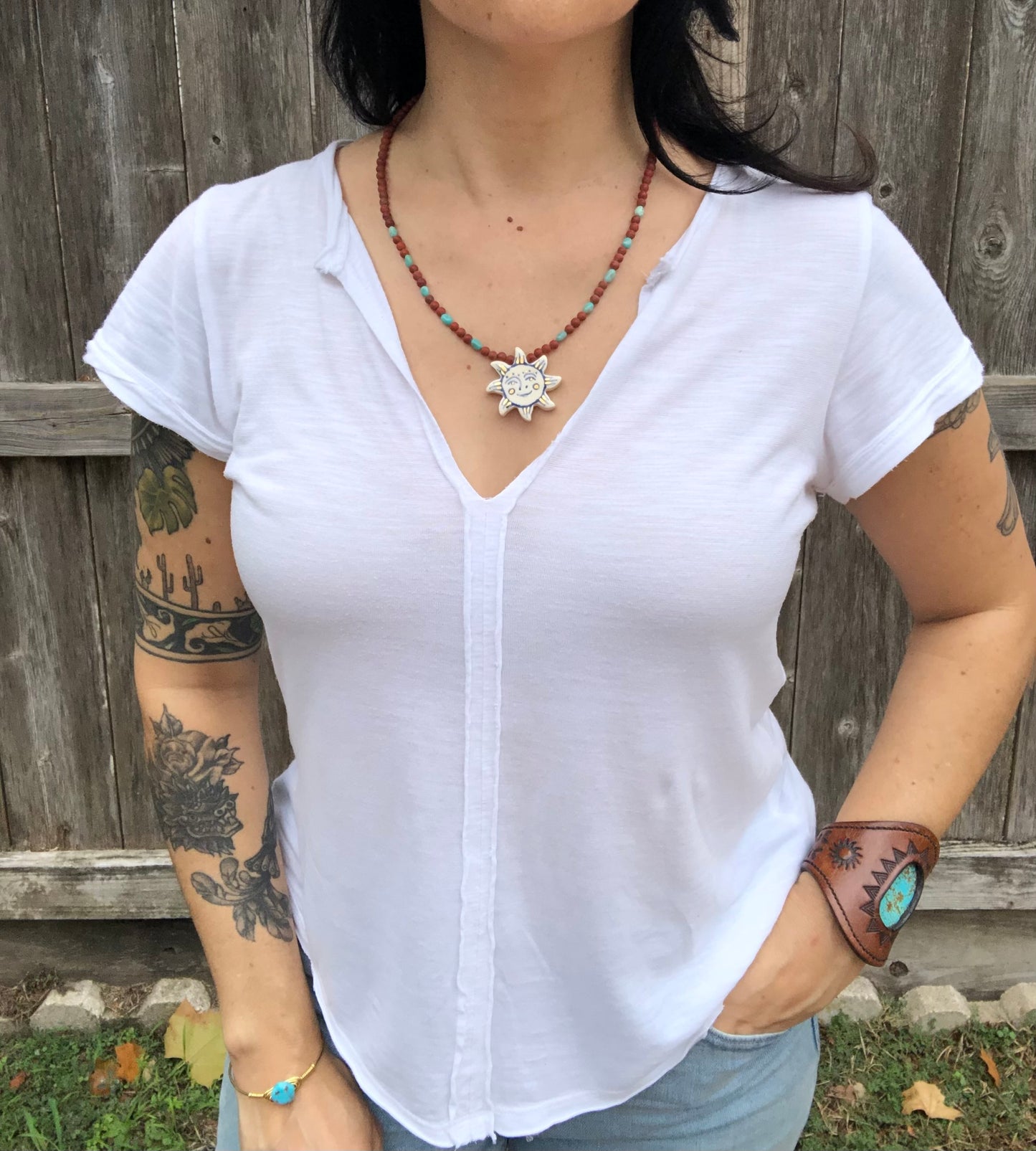 Ceramic sun and matte red jasper necklace