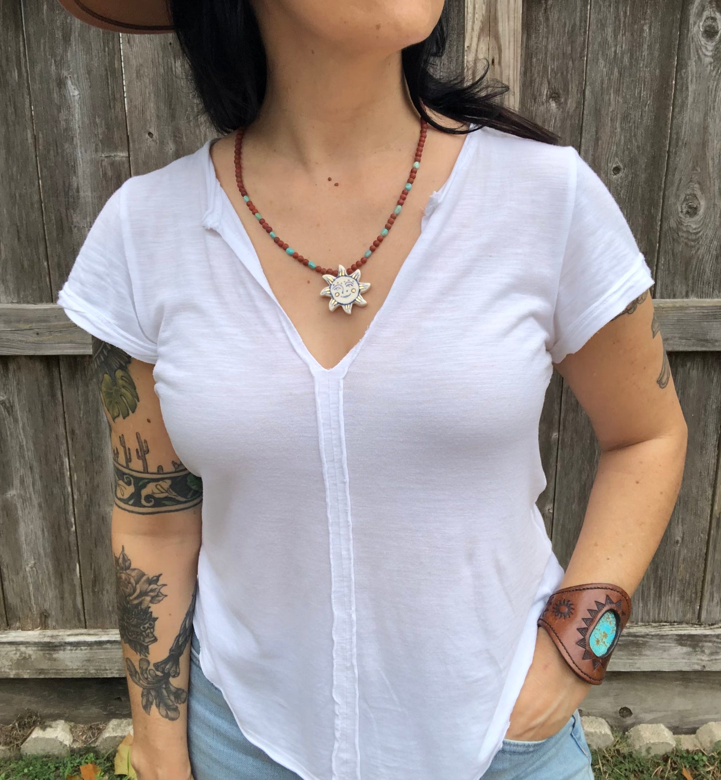 Ceramic sun and matte red jasper necklace