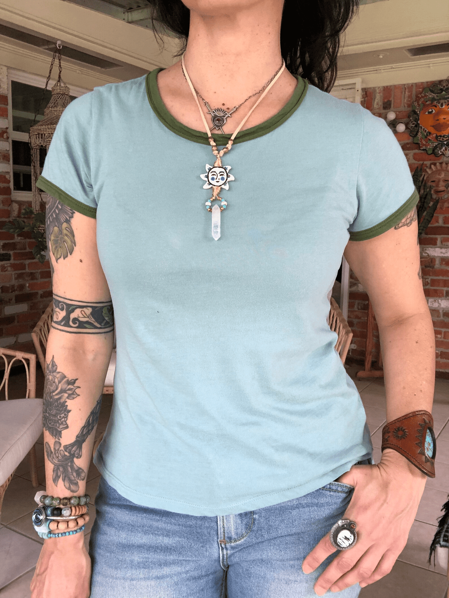 Folk art ceramic Sun and Crystal point necklace on beige vegan suede cord