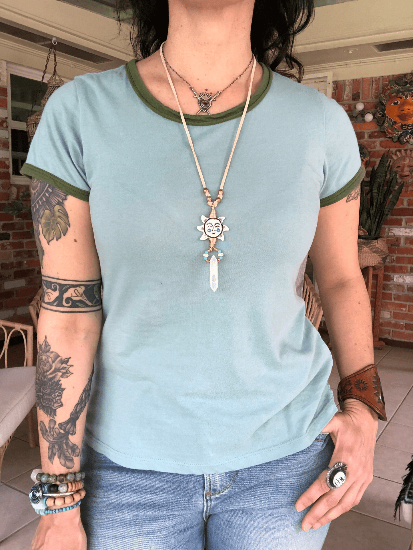 Folk art ceramic Sun and Crystal point necklace on beige vegan suede cord