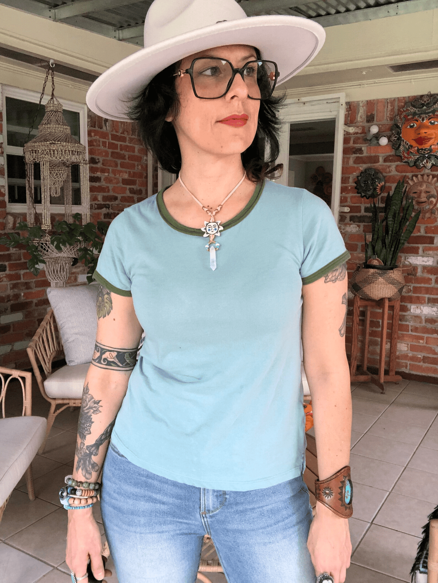 Folk art ceramic Sun and Crystal point necklace on beige vegan suede cord