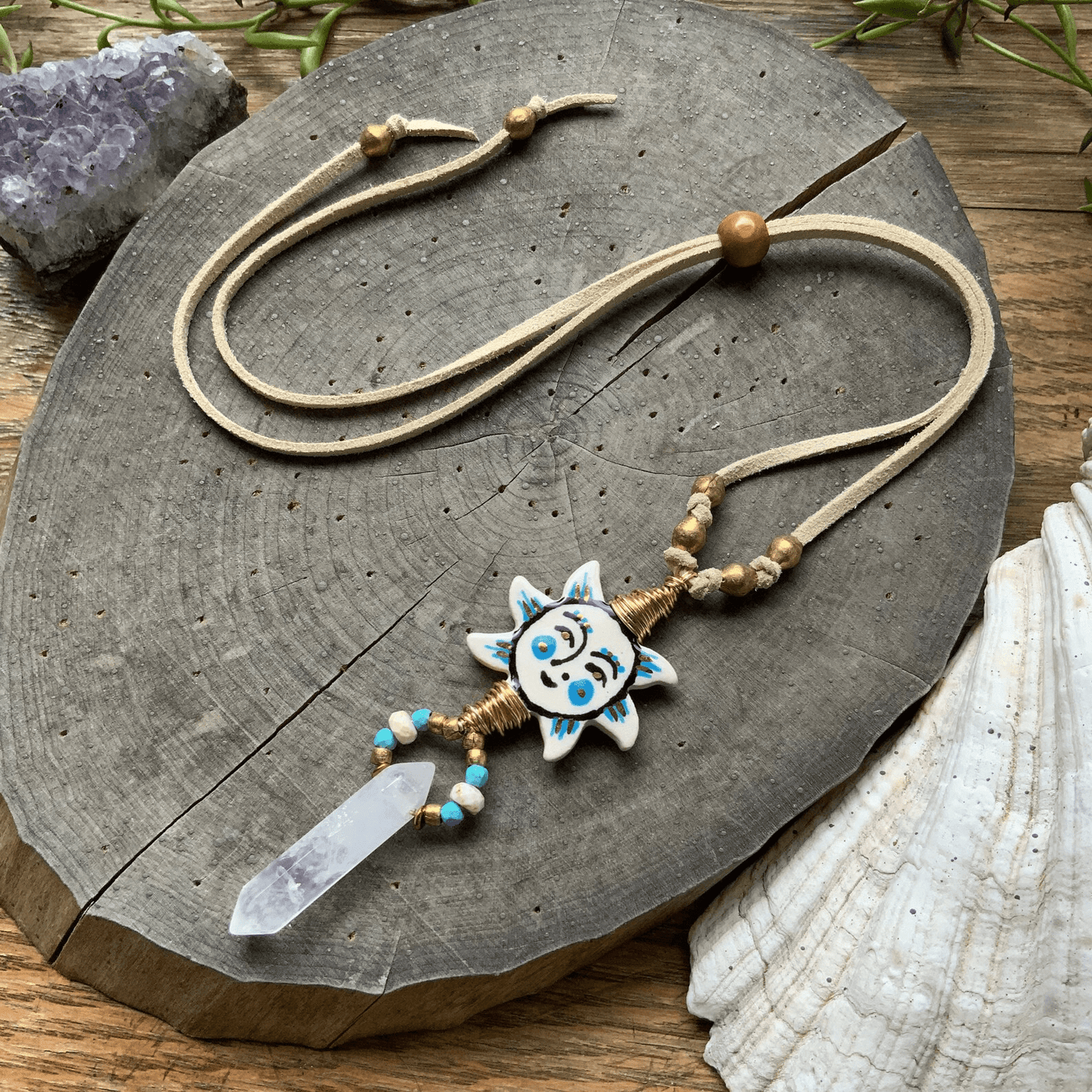 Folk art ceramic Sun and Crystal point necklace on beige vegan suede cord