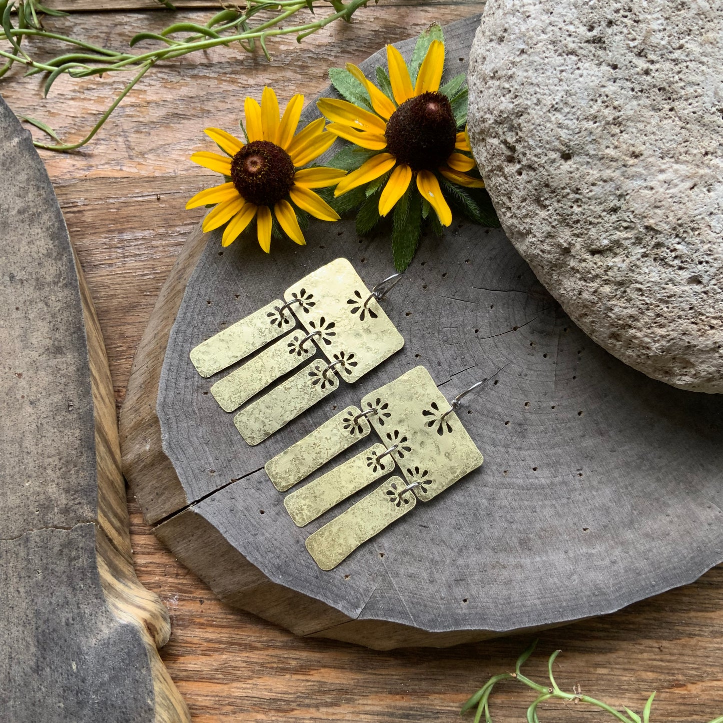 Floral Folklore brass bar chandelier earrings