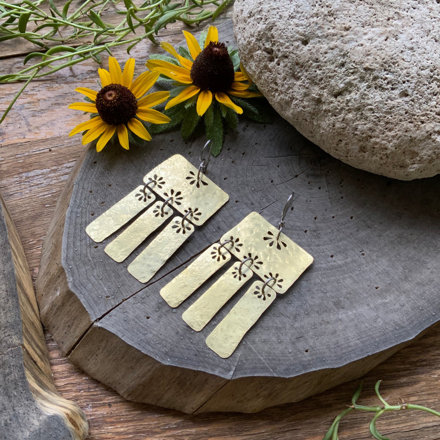 Floral Folklore brass bar chandelier earrings