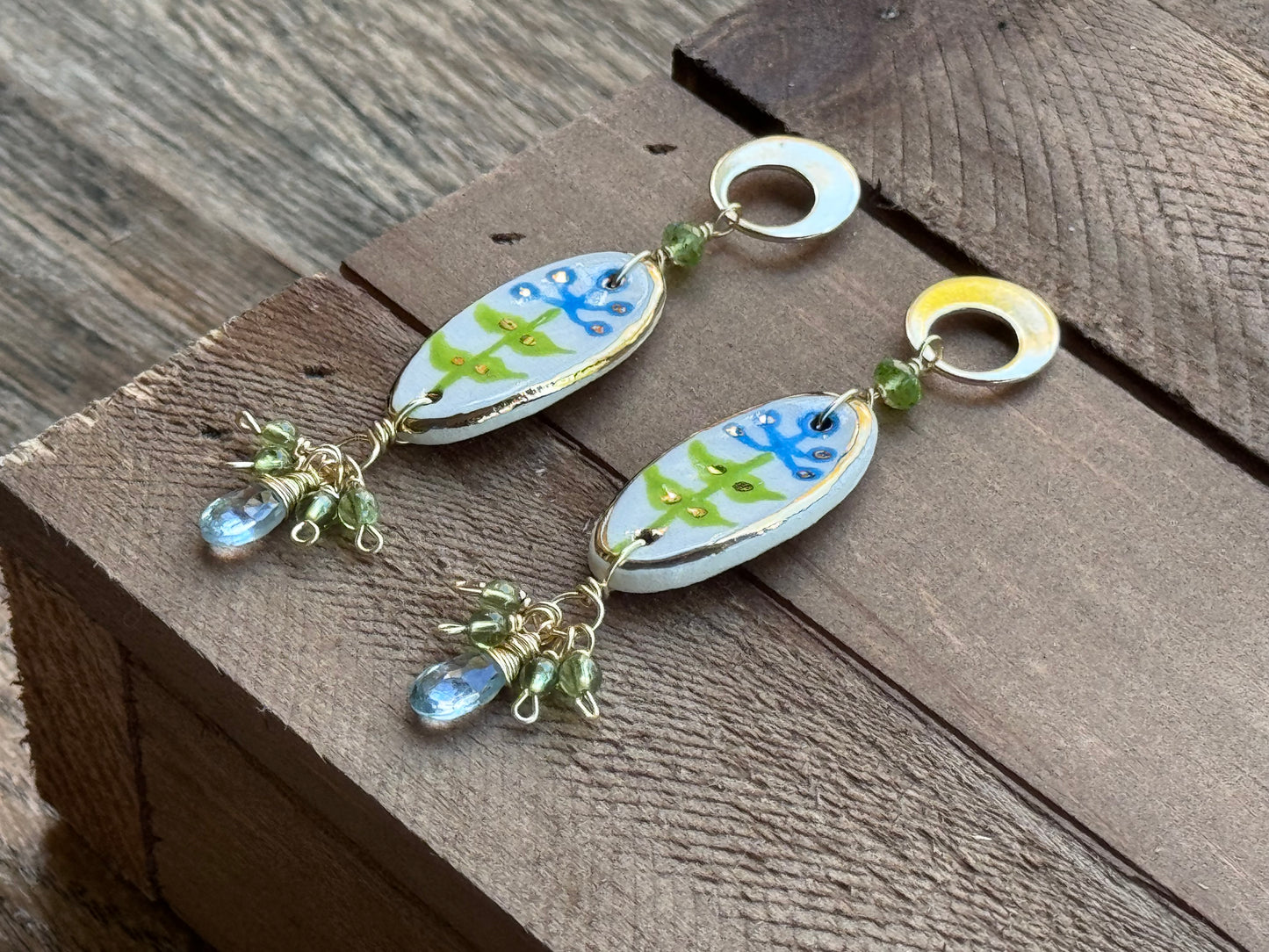 Modern Ceramic Blue Bonnet bead and Gemstone cluster earrings