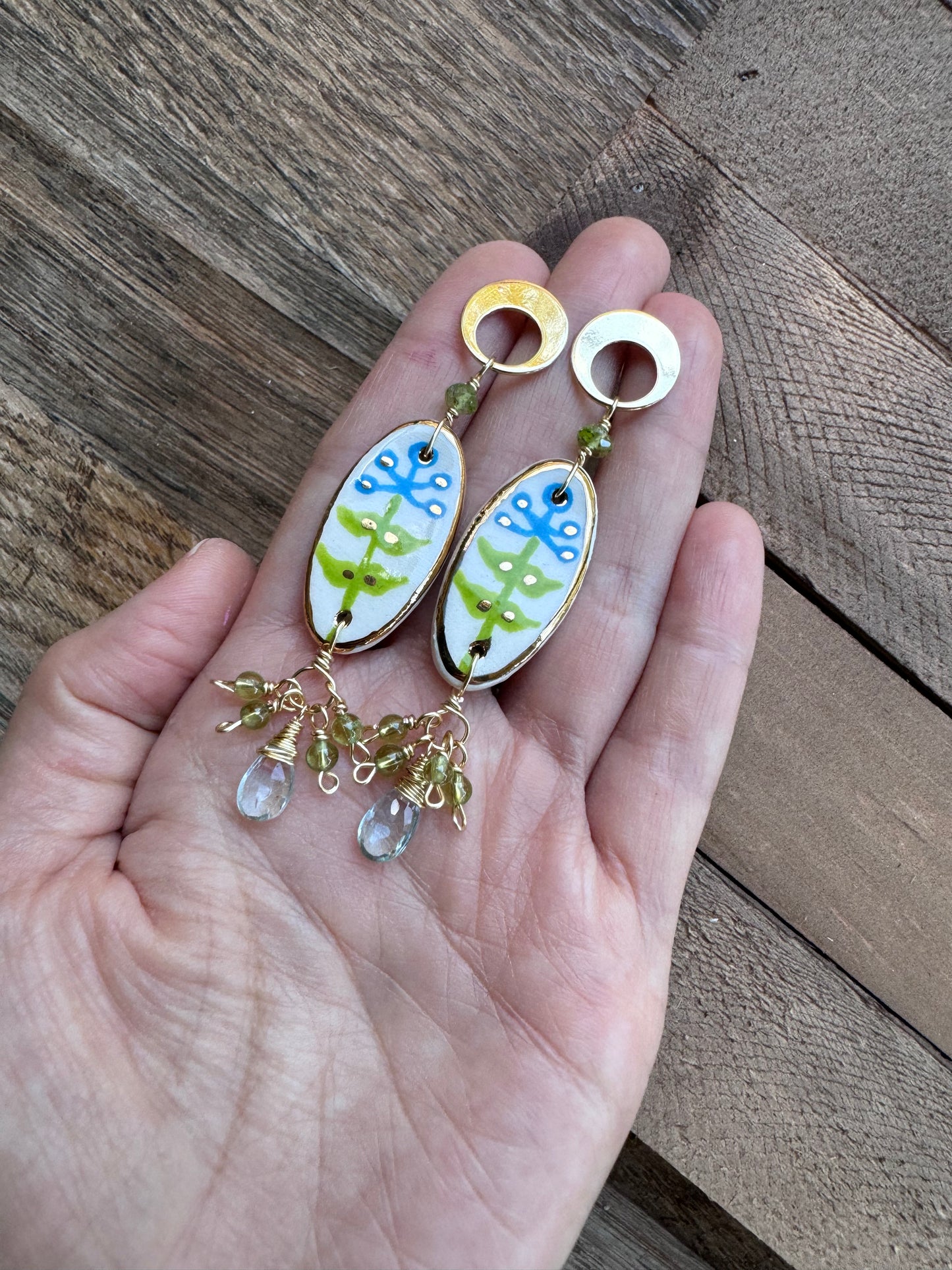 Modern Ceramic Blue Bonnet bead and Gemstone cluster earrings