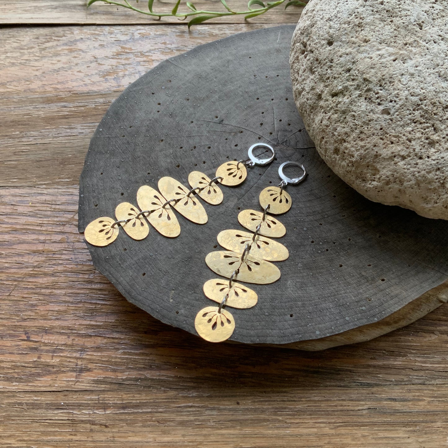 Floral Folklore River Rock drop earrings, hammered brass floral oval earrings