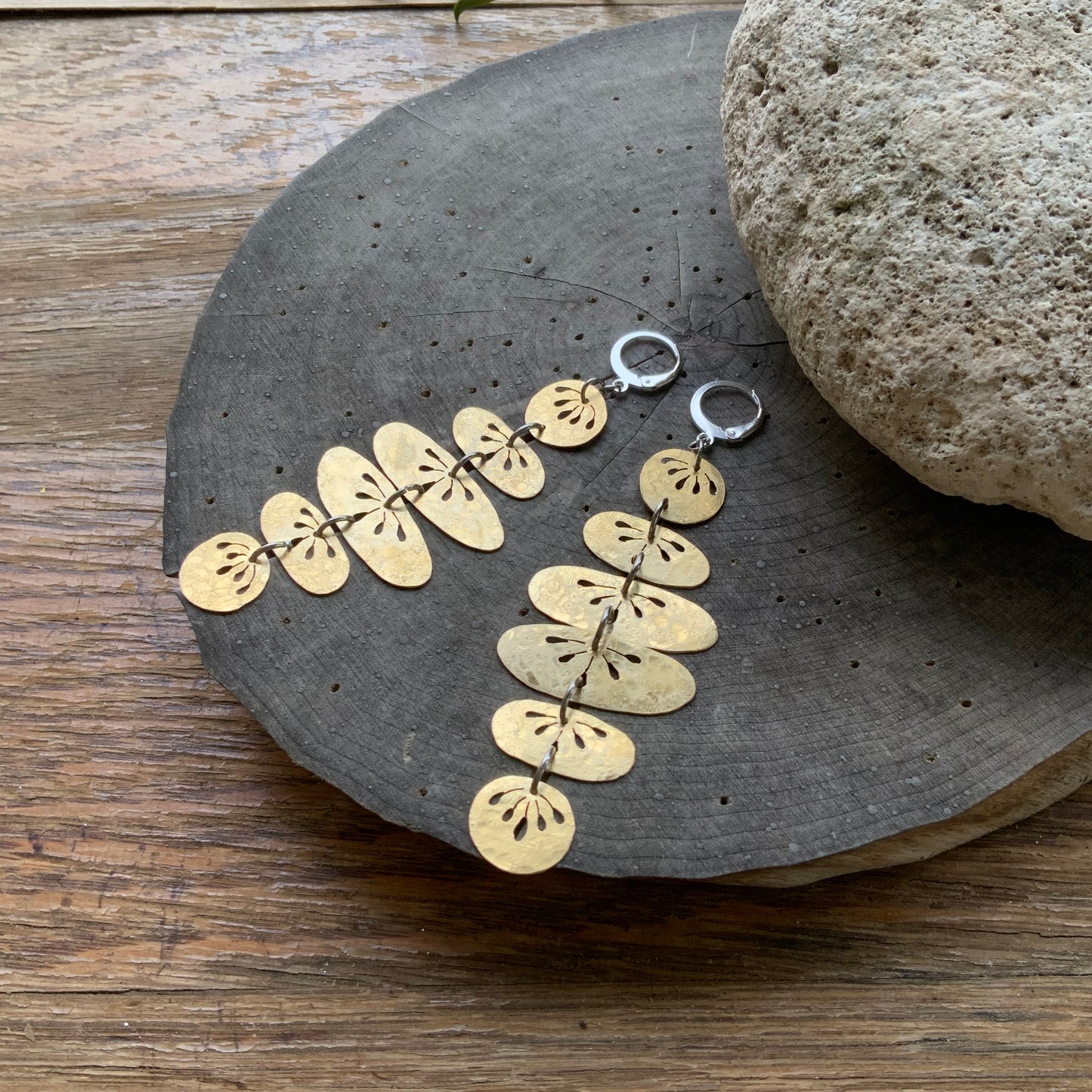 Floral Folklore River Rock drop earrings, hammered brass floral oval earrings