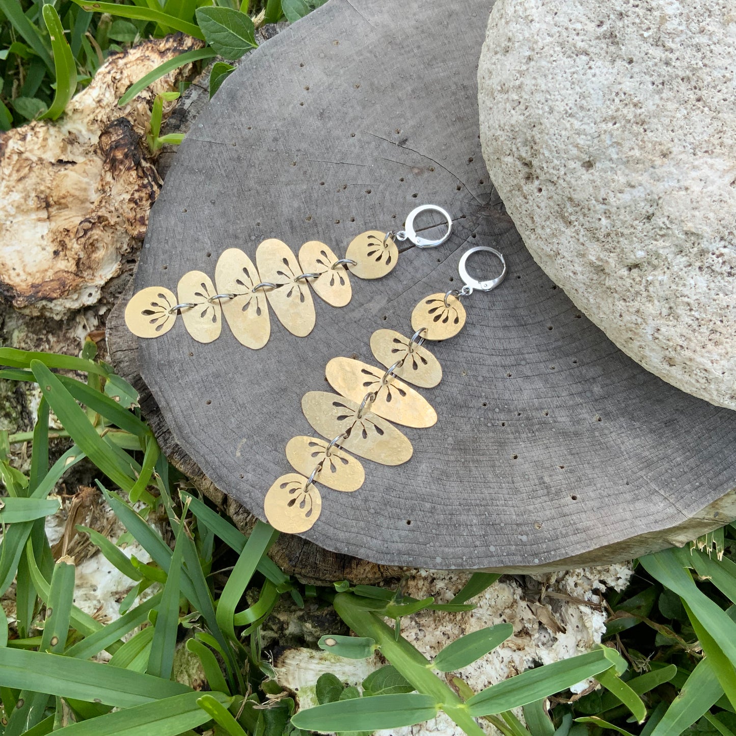 Floral Folklore River Rock drop earrings, hammered brass floral oval earrings