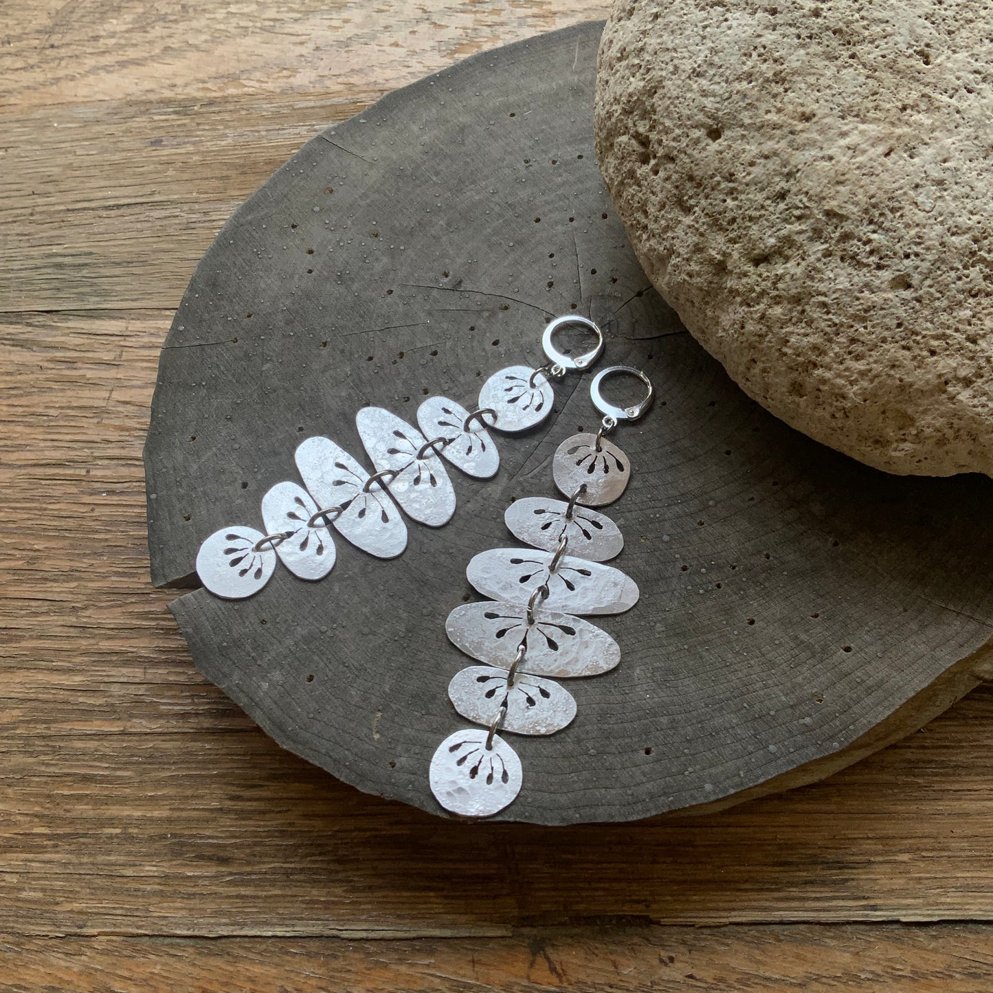 Floral Folklore River Rock drop earrings, hammered brass floral oval earrings