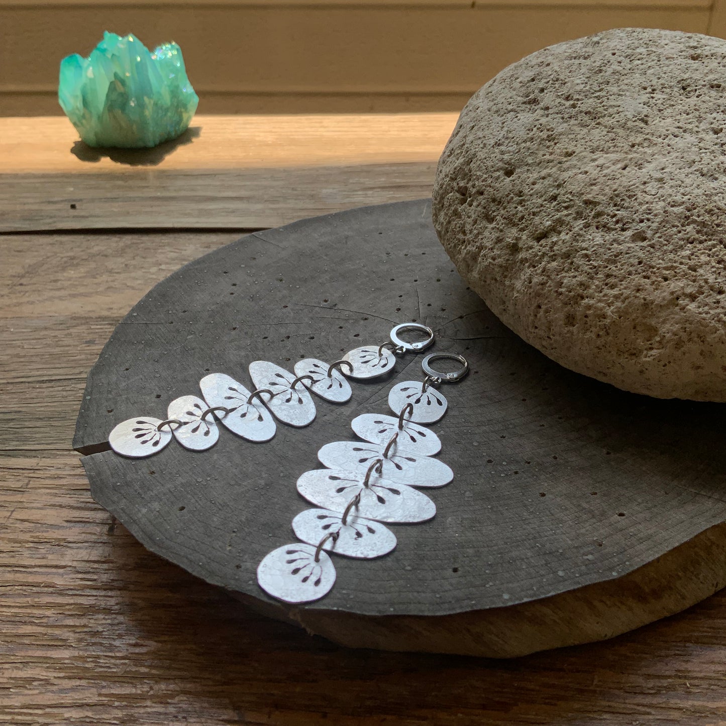 Floral Folklore River Rock drop earrings, hammered brass floral oval earrings