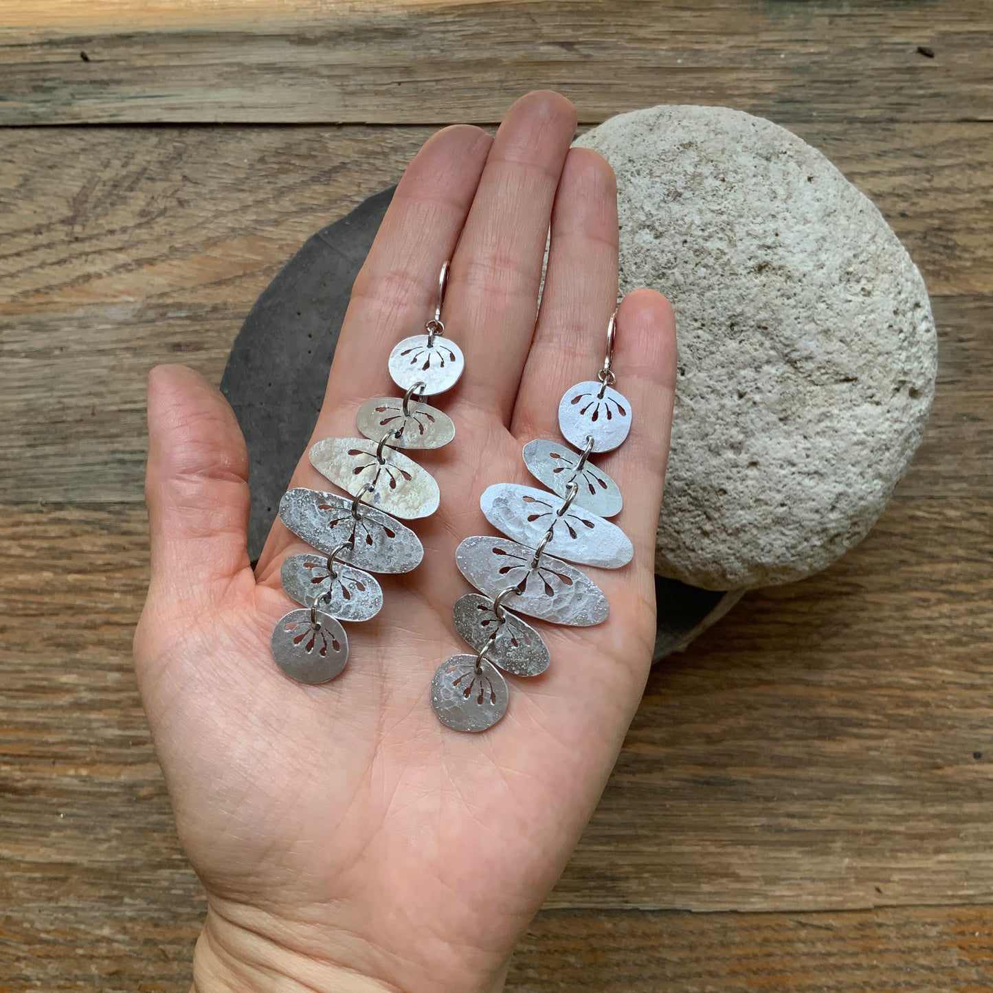 Floral Folklore River Rock drop earrings, hammered brass floral oval earrings