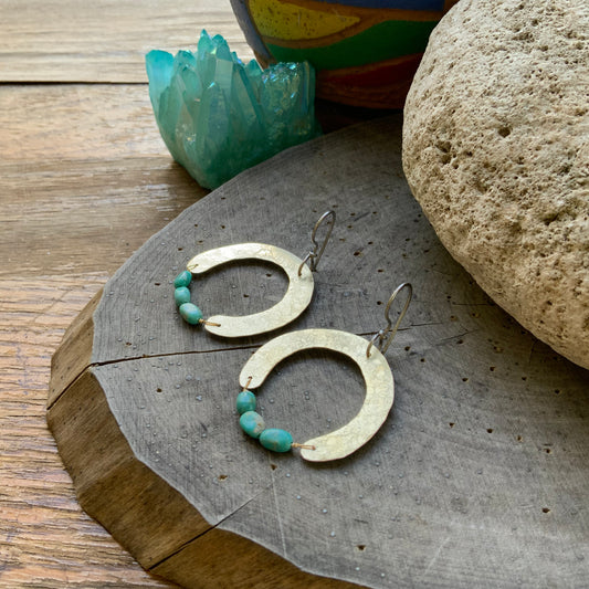 Hammered Raw Brass Arch and genuine turquoise earrings