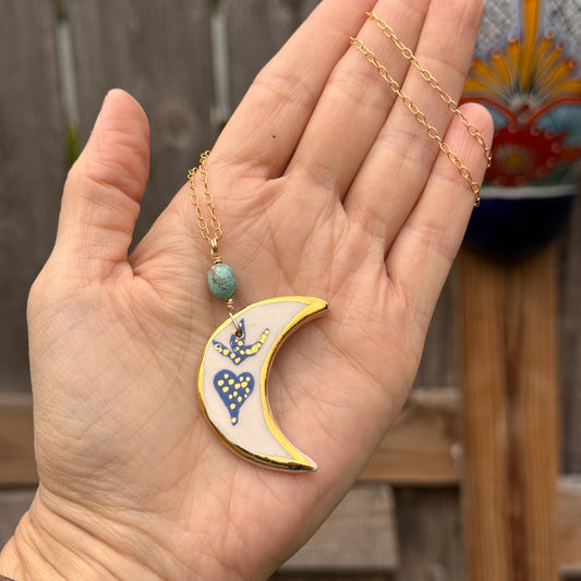 Ceramic Sacred crescent Luna and genuine turquoise Charm Necklace