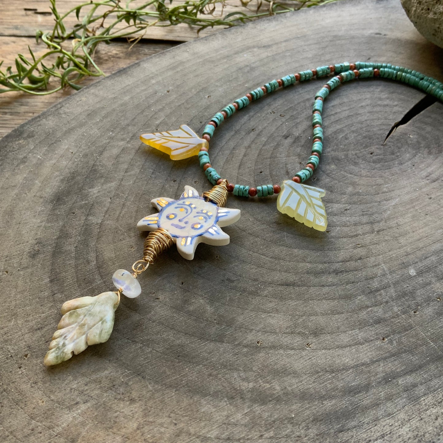 Sol En El Jardin necklace, Folk Ceramic Sun pendant