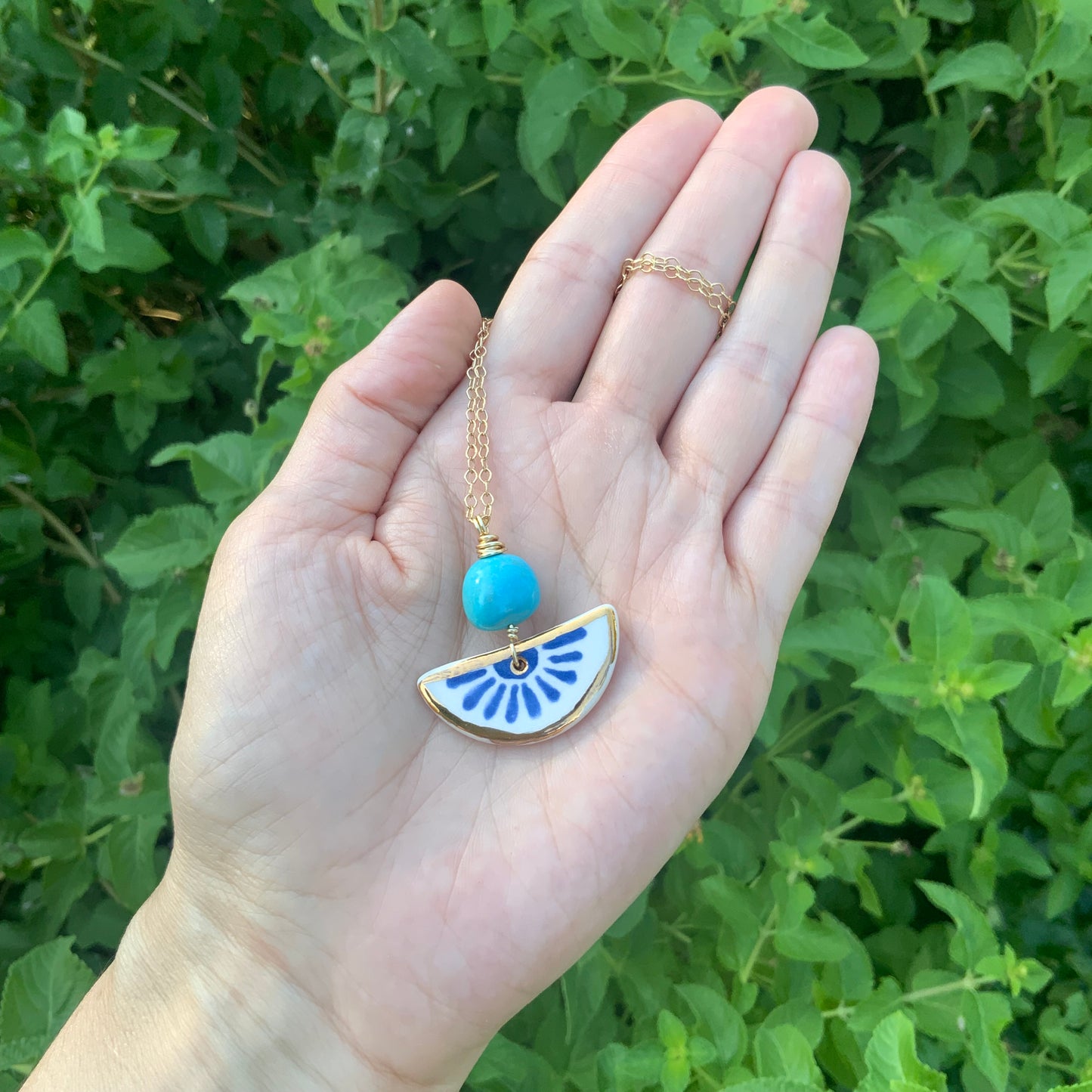Ceramic Folk Flower and genuine turquoise Charm Necklace