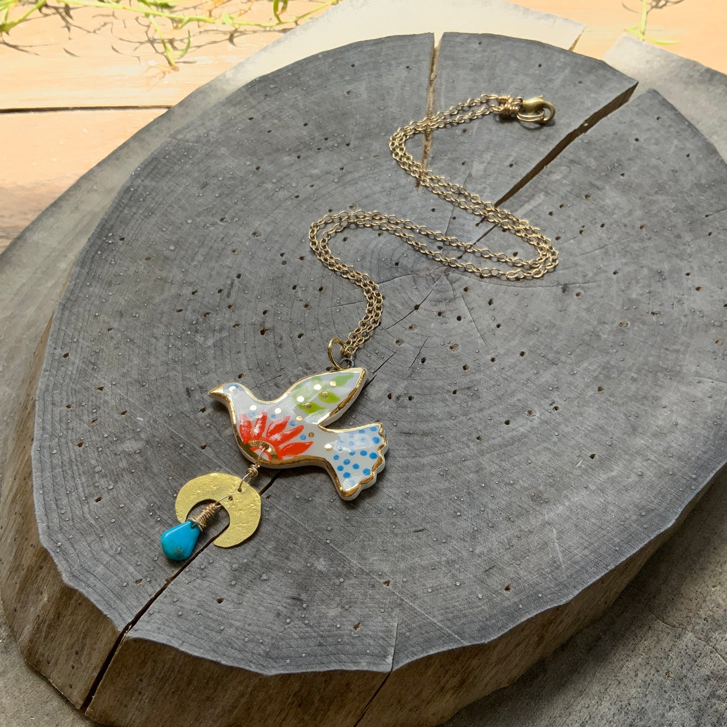 Celestial Ceramic bird pendant necklace, Ceramic Bird with orange flower Charm Necklace