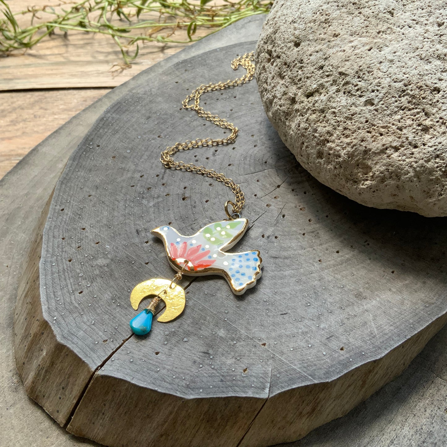Celestial Ceramic bird pendant necklace, Ceramic Bird with orange flower Charm Necklace