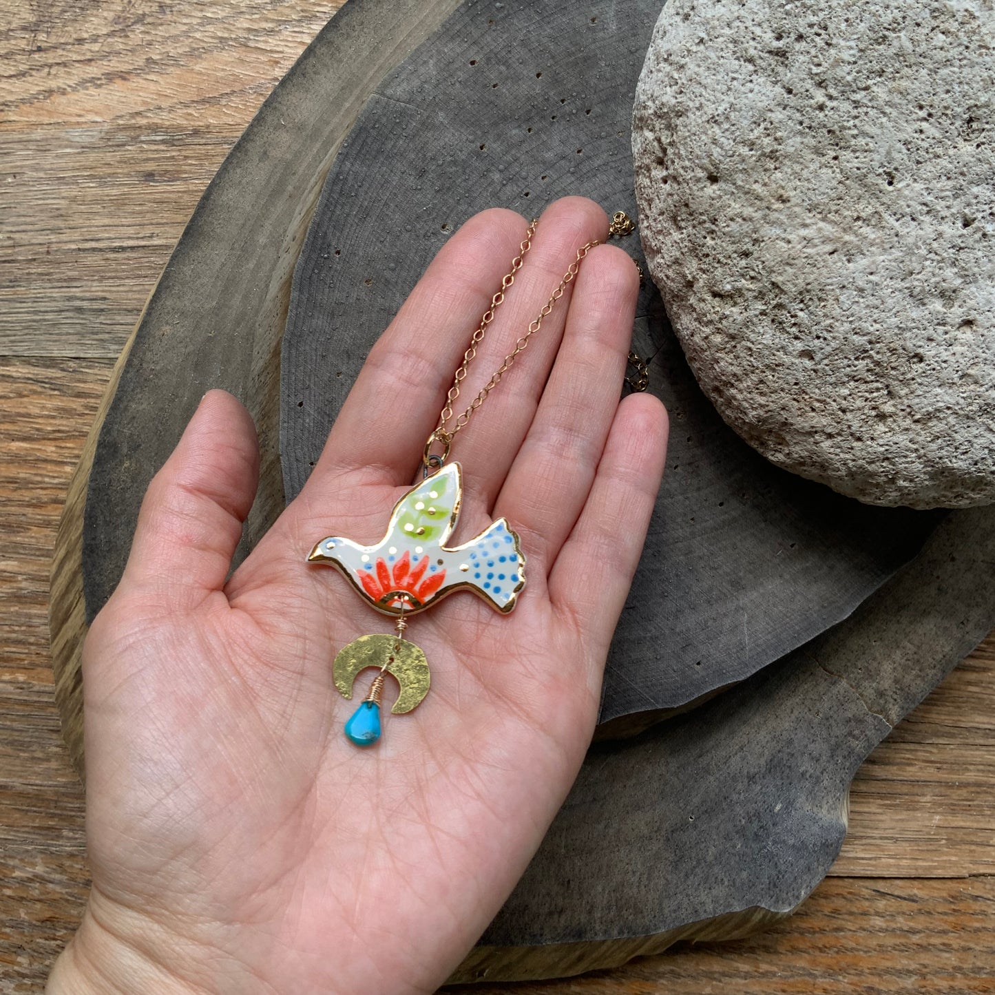 Celestial Ceramic bird pendant necklace, Ceramic Bird with orange flower Charm Necklace