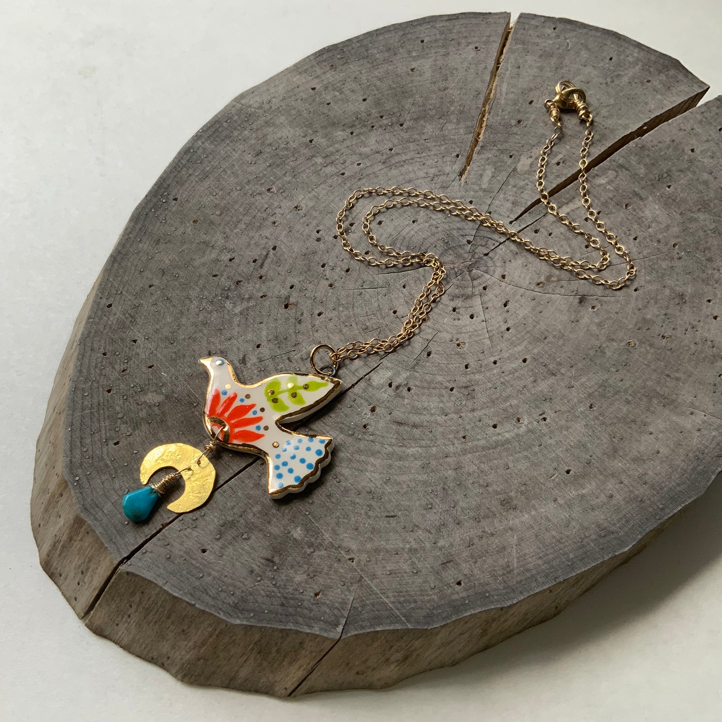 Celestial Ceramic bird pendant necklace, Ceramic Bird with orange flower Charm Necklace