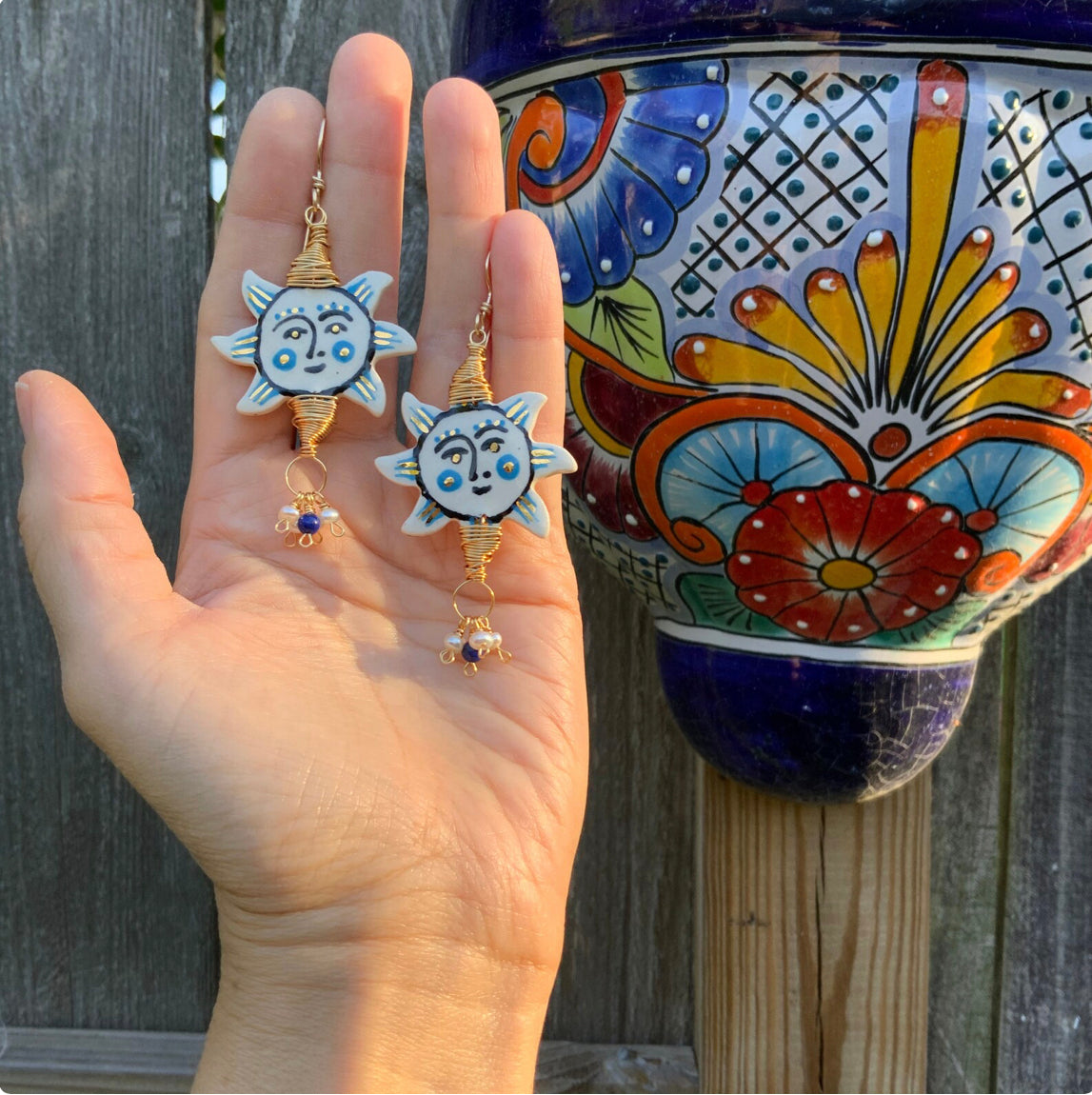 Folk art sun and freshwater pearl cluster earrings