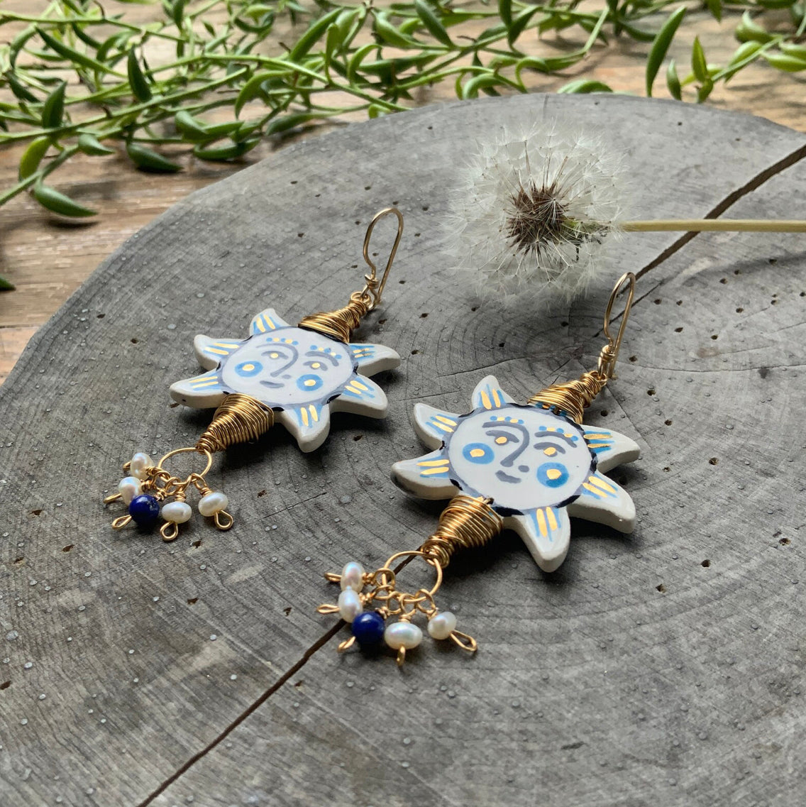 Folk art sun and freshwater pearl cluster earrings